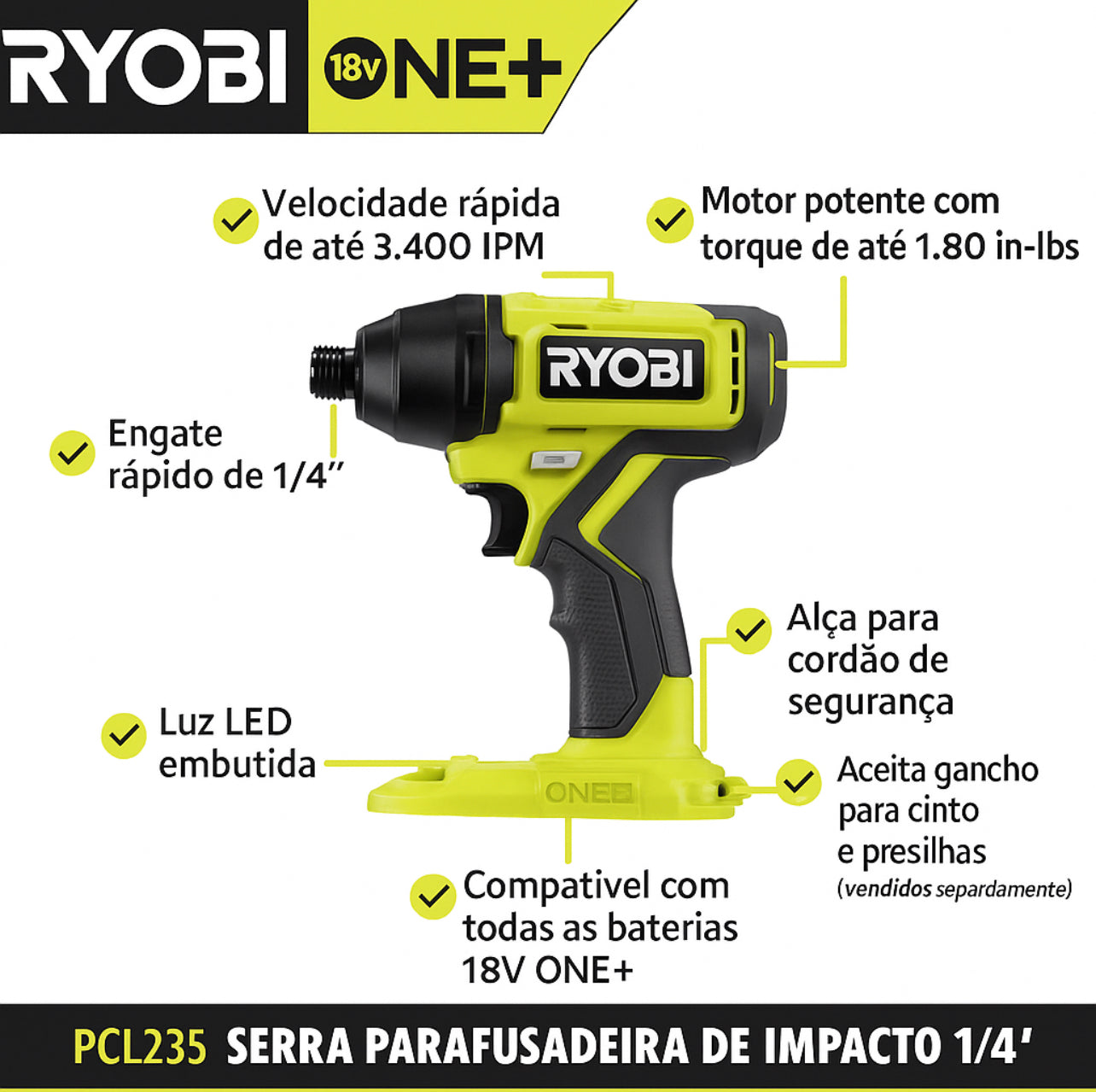Kit RYOBI com 6 Ferramentas + 2 Baterias, Carregador e Bolsa