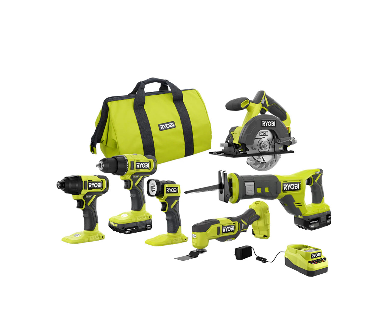 Kit RYOBI com 6 Ferramentas + 2 Baterias, Carregador e Bolsa